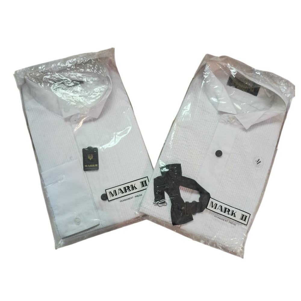 Lot of 2 Vintage Mark II White Pleated Tuxedo Shirts Mens Medium with Bow Tie